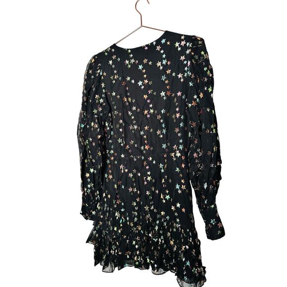 YUMI KIM Black Chiffon Metallic Star Print Blouson Sleeves Scarlett Star Dress 8 - Picture 8 of 15